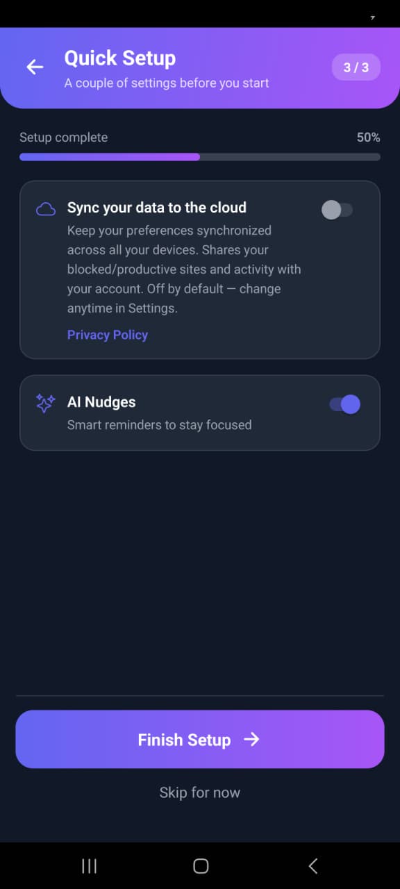 AI Nudges setting in the Mindova Android app