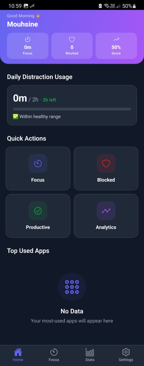 Mindova app blocker dashboard on Android showing focus and distraction controls