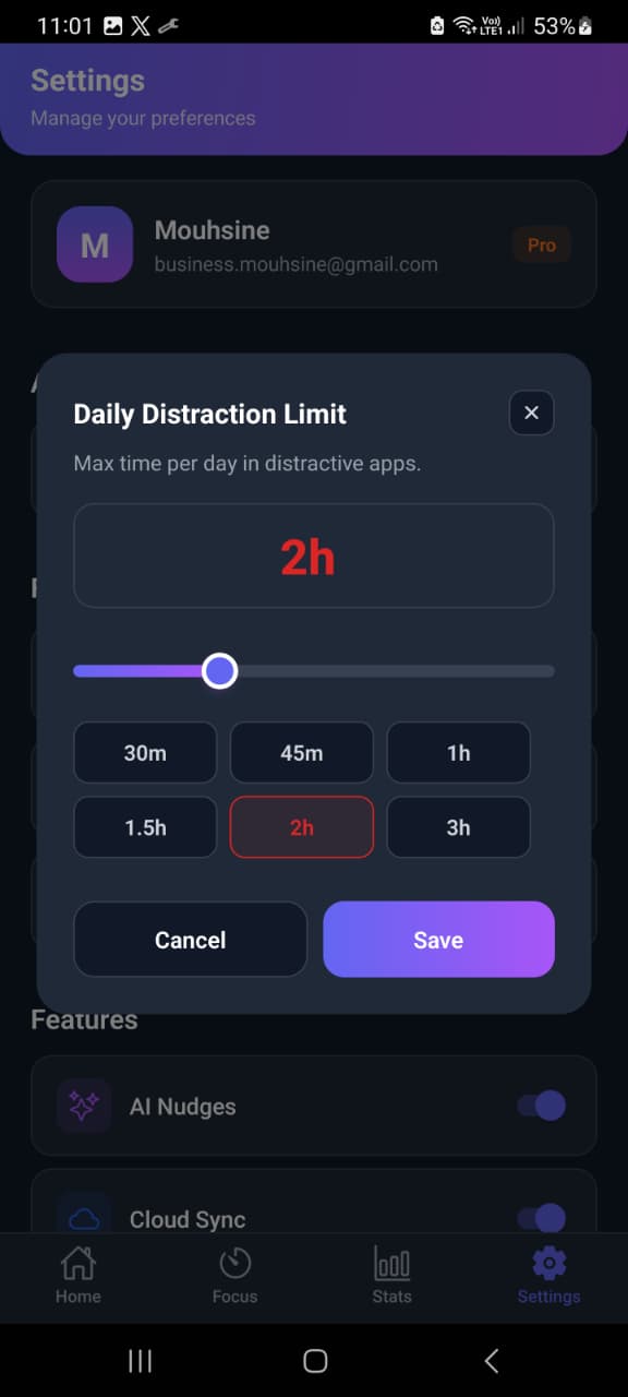 Setting a daily distraction limit in the Mindova Android app