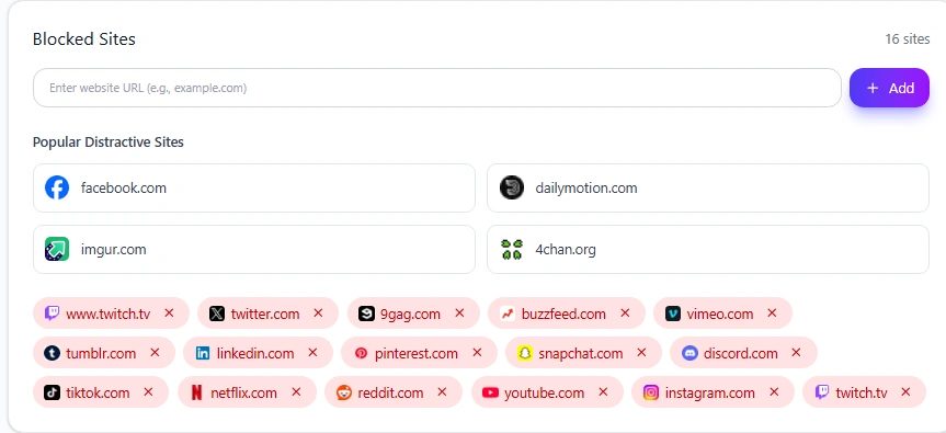 Mindova Site Management showing distracting websites with different daily time limits