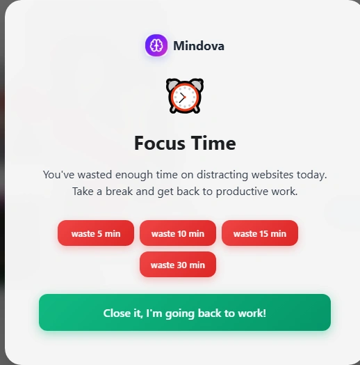 Mindova Focus Time screen after the time limit for facebook.com is reached