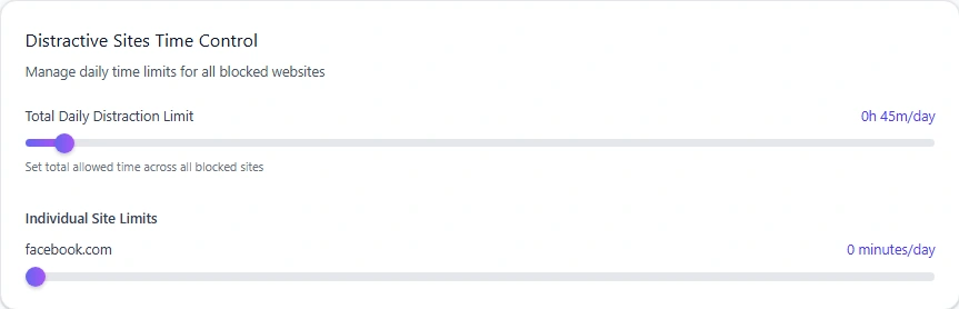 Facebook set to a zero-minute daily limit in Mindova