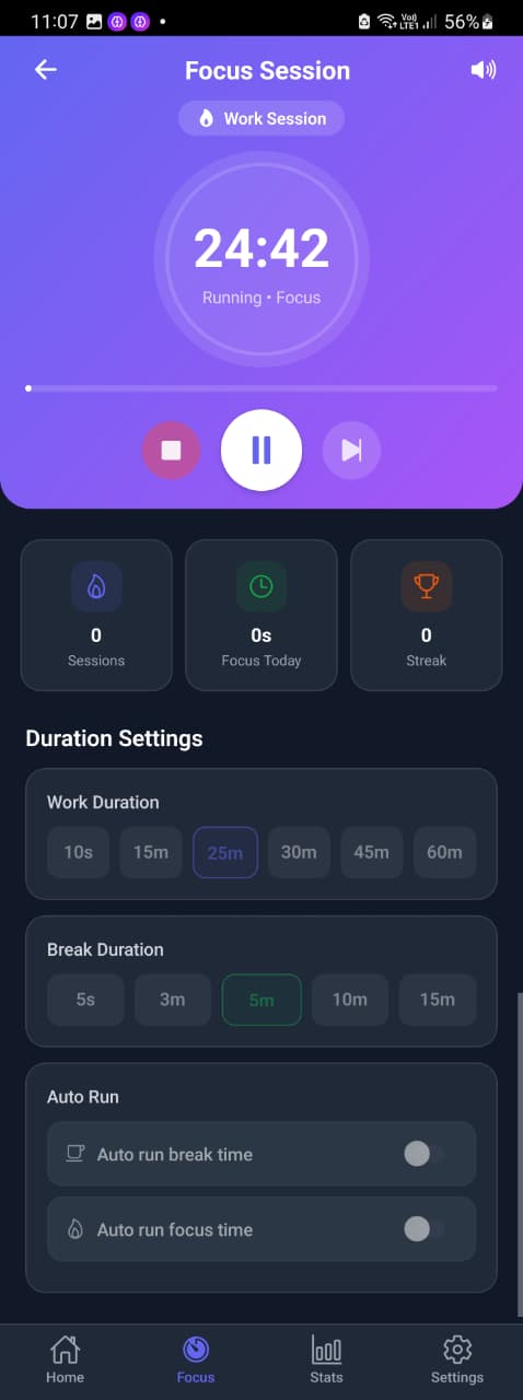 Mindova Focus Session running on Android