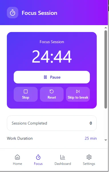 Mindova Focus Session configured for a focused study session