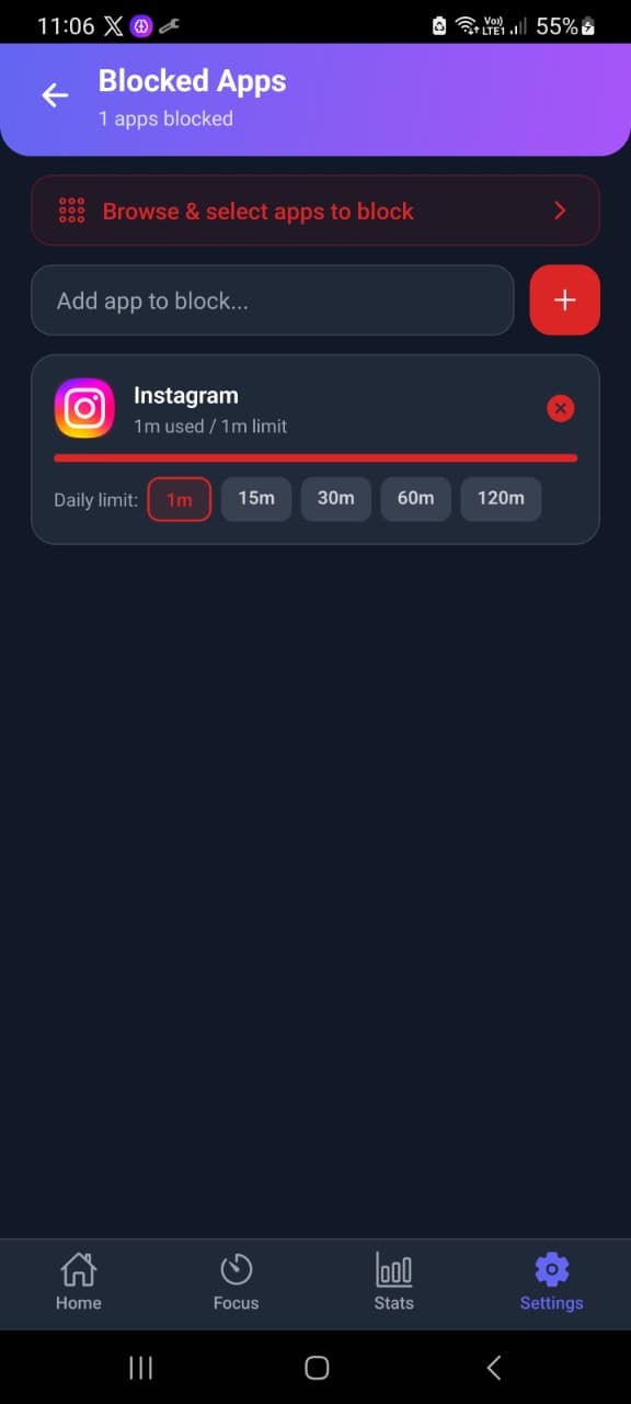 Instagram configured with a daily app limit in Mindova on Android