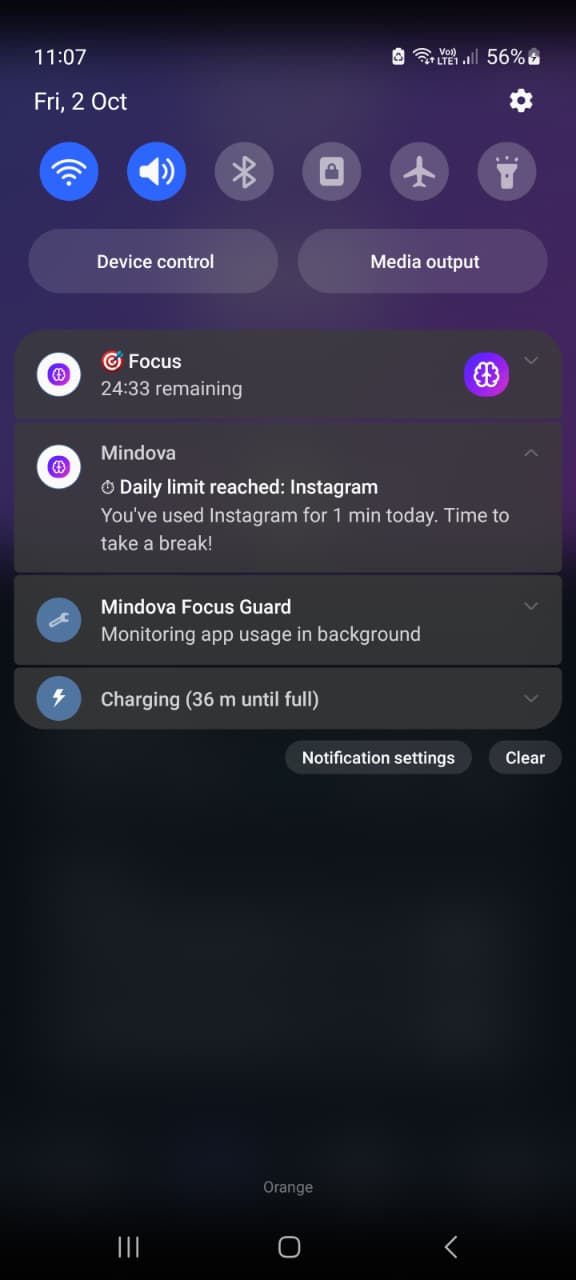 Mindova notification shown after the Instagram daily limit was reached