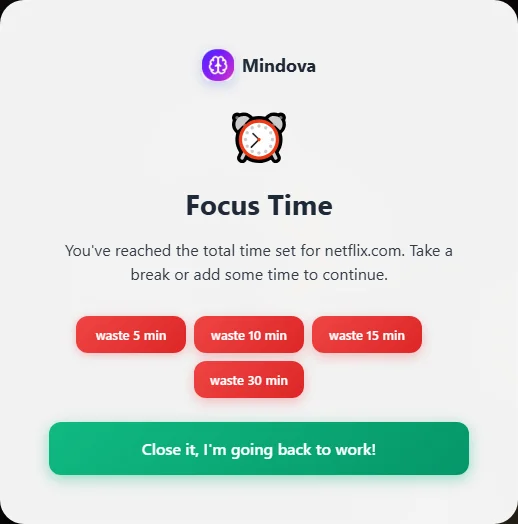 Mindova Focus Time screen blocking netflix.com after its limit is reached