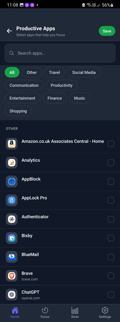 Selecting productive apps in Mindova on Android