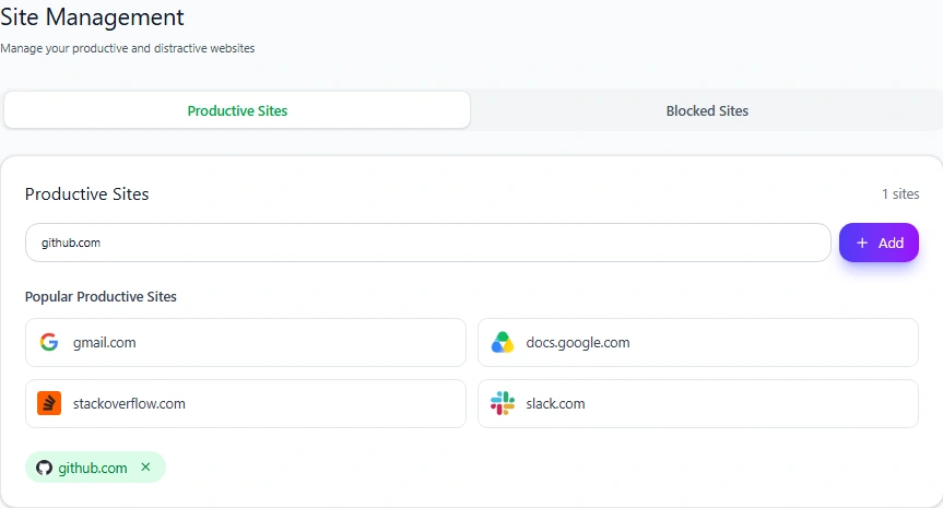 Mindova Site Management showing github.com marked as a Productive website
