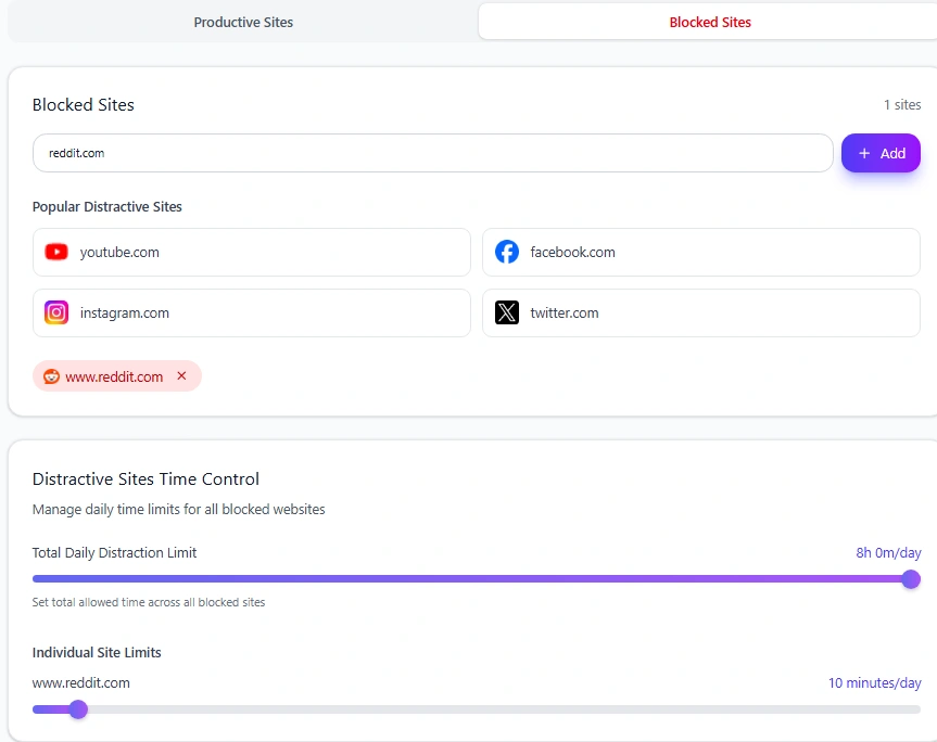 Reddit set to a 10-minute daily limit in Mindova