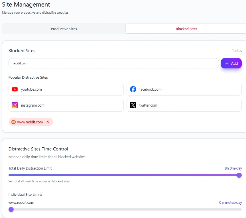 Reddit set to a zero-minute daily limit in Mindova
