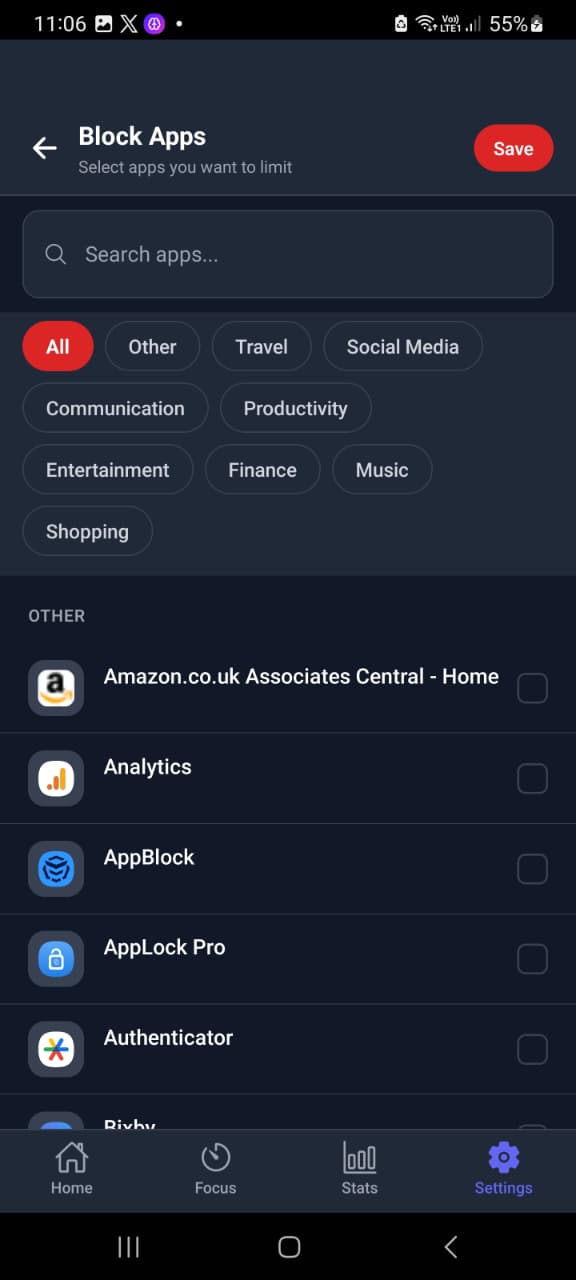 Selecting distracting Android apps to block with Mindova