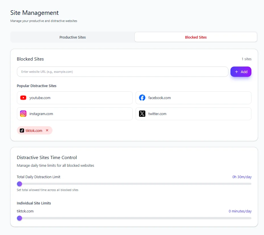 Distracting website set to zero minutes per day in Mindova while studying
