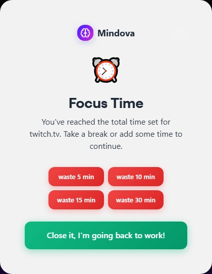 Mindova Focus Time screen after the daily time limit for twitch.tv is reached