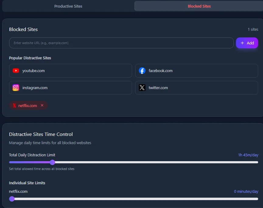Netflix added to Mindova Blocked Sites with a zero-minute daily limit
