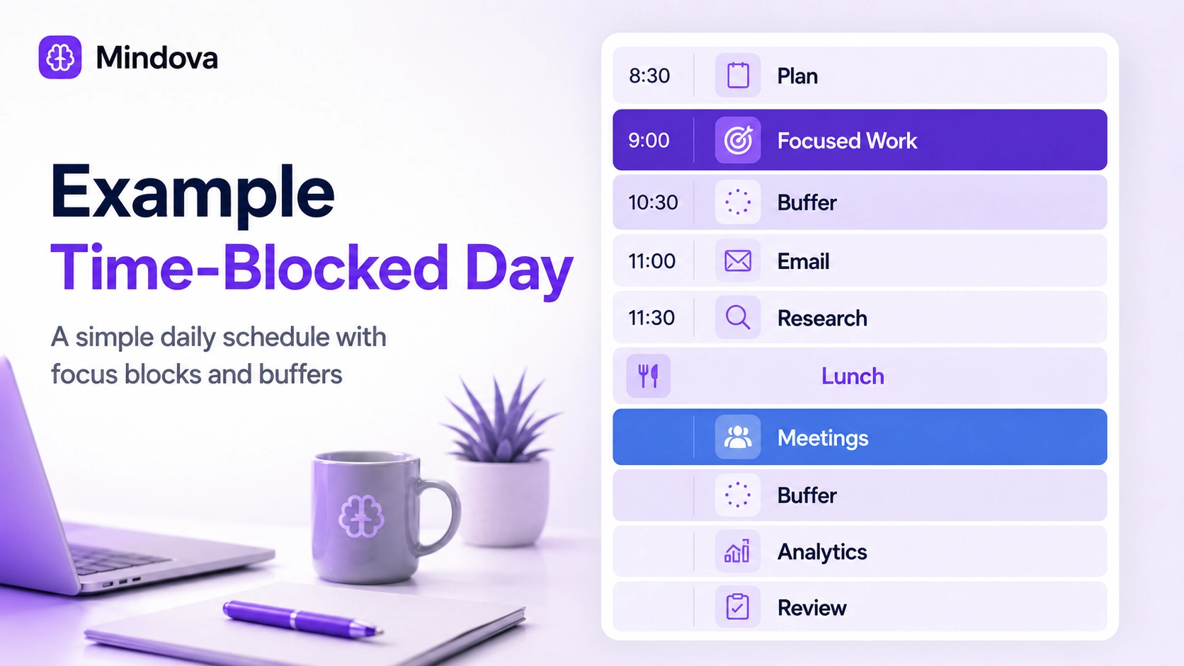 Example of a daily time blocking schedule with focus blocks and buffers